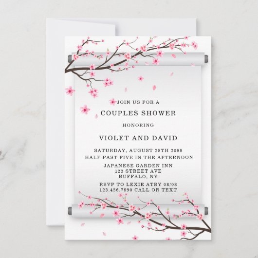 Japanische Scroll Cherry Blossom Tree Couples Dusc Einladung (Vorderseite)