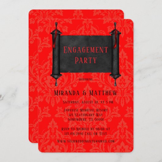Japanische Scroll Red Black Damask Engagement Part Einladung (Vorne/Hinten)