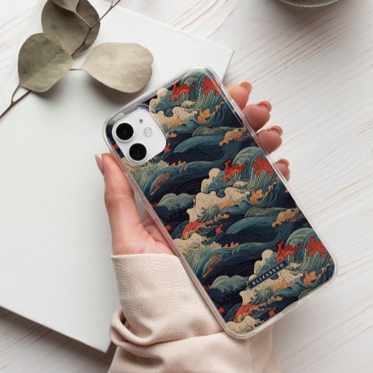 Japanische Seigaiha Blue & Red Wave Monogram Case-Mate iPhone Hülle