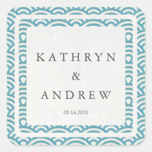 japanische Seigaiha Waves Individuelle Name+Date W Quadratischer Aufkleber