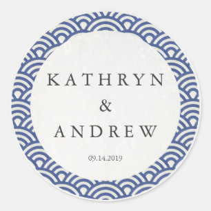 japanische Seigaiha Waves Individuelle Name+Date W Runder Aufkleber