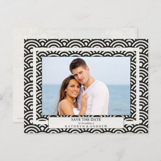 Japanische Seigaiha Waves Save the Date Fotografie Ankündigungspostkarte (Vorne/Hinten)