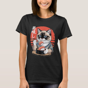 Japanische Siamkatze isst Sushi Kawaii Anime-Katze T-Shirt