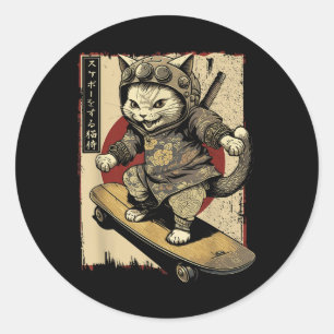 Japanische Skateboard Samurai Cat Tattoo Kawaii Ni Runder Aufkleber