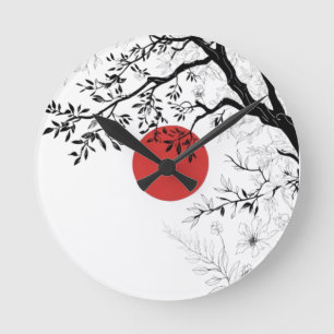 Japanische Sonne & Naturpinsel Kunst Runde Wanduhr
