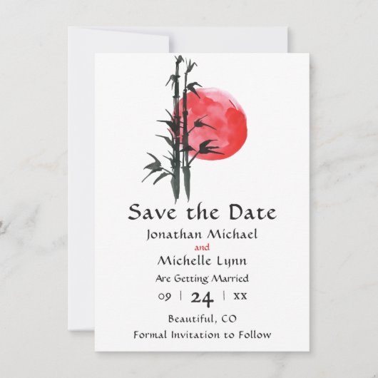 Japanische Sonne und Bambus-Hochzeit speichern das Save The Date (Vorderseite)