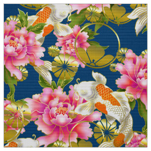 Japanische Stoffmuster mit Koi, Blume und Mon Stoff