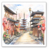 Japanische Straße gemütliche Quelle Aquarell Aufkleber (Vorderseite)