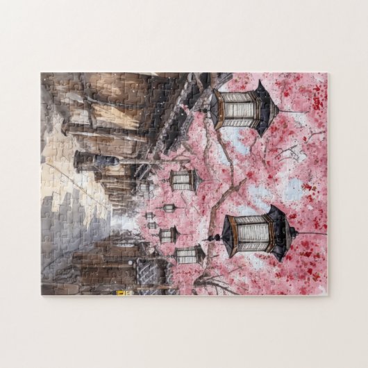 Japanische Straße mit Cherry Blossom Trees Puzzle (Horizontal)