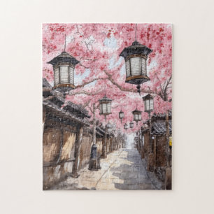 Japanische Straße mit Cherry Blossom Trees Puzzle
