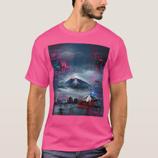 Japanische Straße trägt ästhetische Berg Fuji Cybe T-Shirt