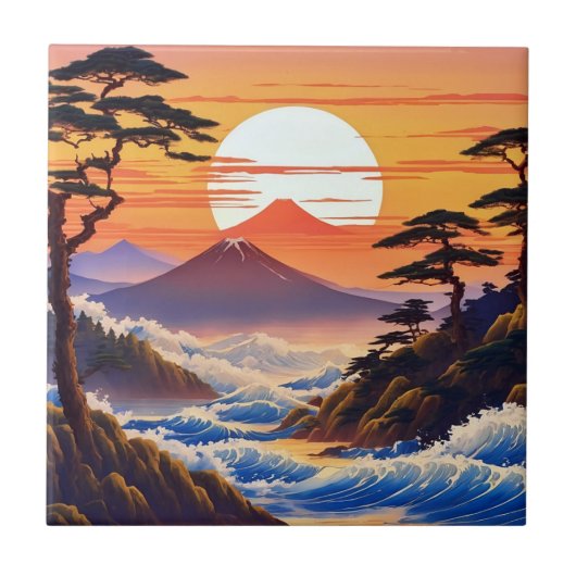 Japanische Sunrise Sunset Landschaft Fliese (Vorderseite)