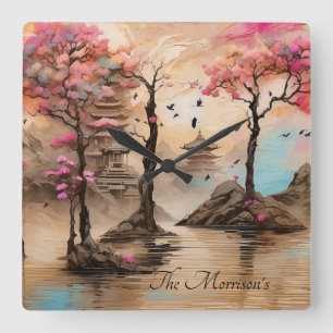Japanische Tempel Cheery Blossum Forest Quadratische Wanduhr