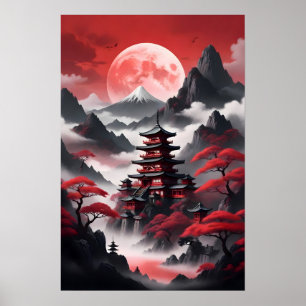 Japanische Tempel in den nebligen Bergen Poster