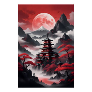 Japanische Tempel in den nebligen Bergen Poster