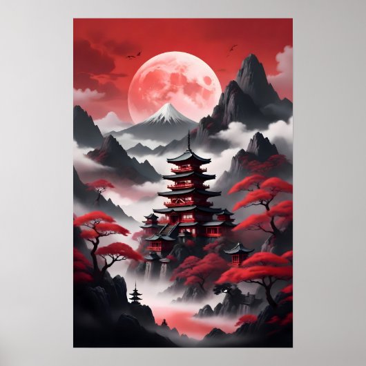 Japanische Tempel in scheußlichen Bergen Poster (Vorne)