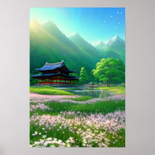 Japanische Tempel- und rosa Blume Poster
