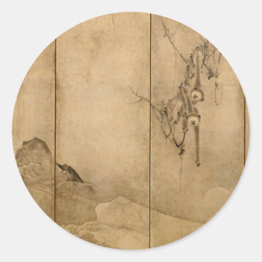 Japanische Tinte auf Papier Gibbons Primate & Land Runder Aufkleber (Vorderseite)