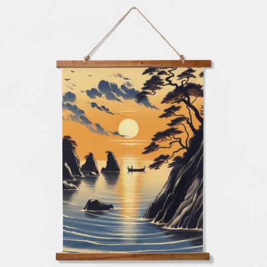 Japanische Tinte Beach Sunset Sunrise Coastal Wandteppich Mit Holzrahmen (Vorderseite)
