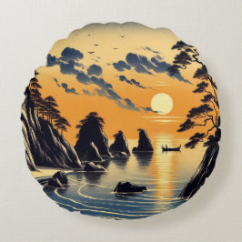 Japanische Tinte Coastal Sunset Beach Szene Rundes Kissen