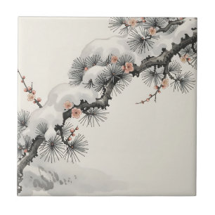 Japanische Tinte Kiefern-Pfirsichblüten-Winter Fliese
