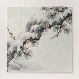 Japanische Tinte Kiefern-Pfirsichblüten-Winter  Puzzle