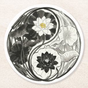 Japanische Tinten-Lotusblume Yin Yang Runder Pappuntersetzer