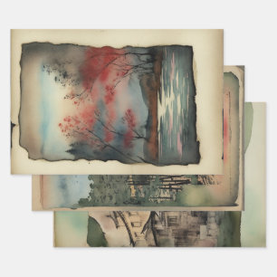 Japanische traditionelle Landschaft Paint ephemera Geschenkpapier Set