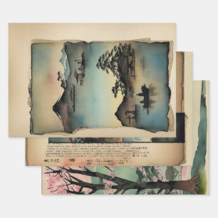 Japanische traditionelle Landschaft Paint ephemera Geschenkpapier Set