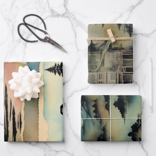 Japanische traditionelle Landschaft Paint ephemera Geschenkpapier Set (Vorderseite)