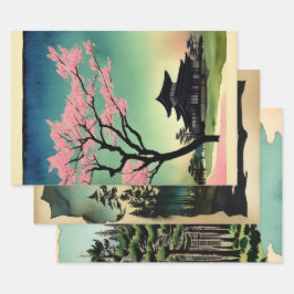Japanische traditionelle Landschaft Paint ephemera Geschenkpapier Set