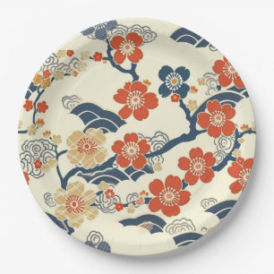 Japanische Ume-Pflirsichblüten Navy-Welle Creme Pappteller