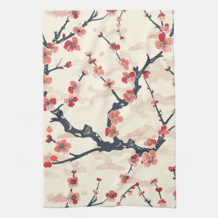 Japanische Ume-Rote-Korallen-Blüten-Elfenbein-Well Geschirrtuch