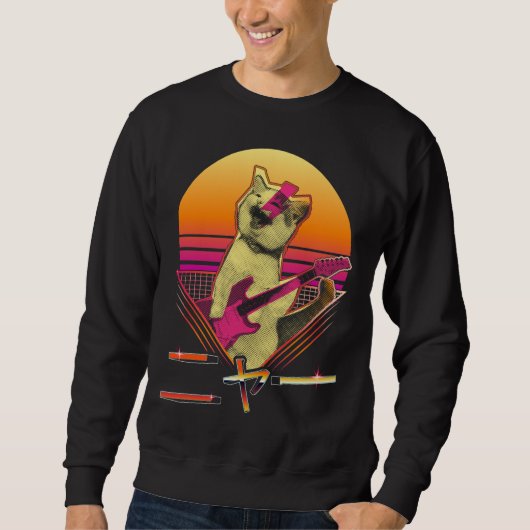 Japanische Vaporwave Electric Gitarre spielt Cat M Sweatshirt (Vorderseite)