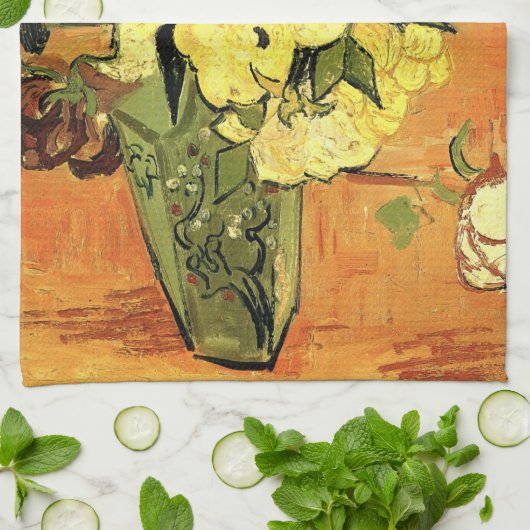 Japanische Vase, Rose, Anemonen von Vincent van Go Geschirrtuch (Gefaltet)