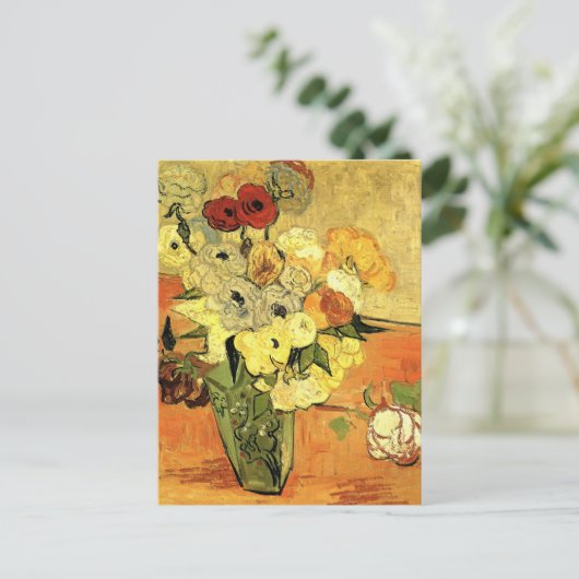 Japanische Vase, Rose, Anemonen von Vincent van Go Postkarte (Stehend Vorderseite)