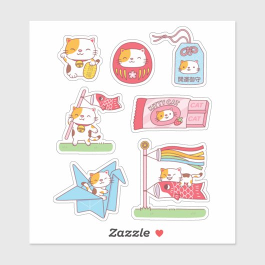 japanische Viel Glück Charms Neko Cat Sticker Pack (Blatt)