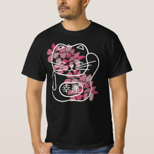 Japanische Viel Glück-Katze mit rosa Sakura-Blume T-Shirt