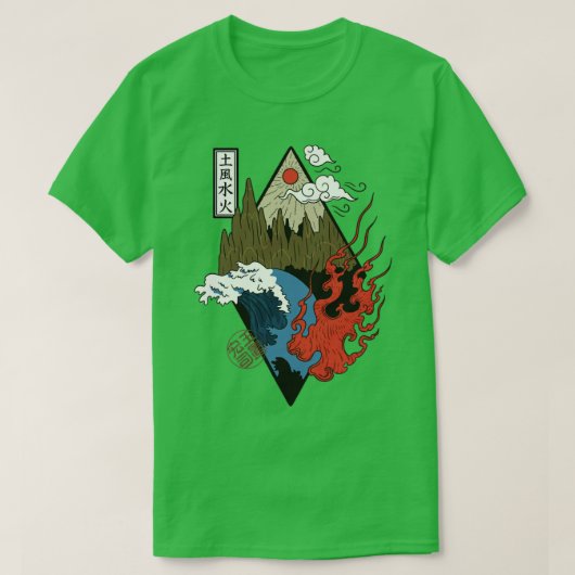 Japanische Vier Elemente Wasserfeuerluft T-Shirt (Design vorne)