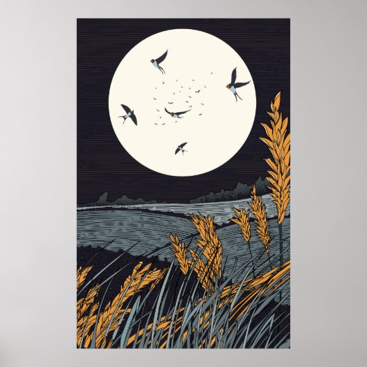 Japanische Vintage Landschaft nachts Poster (Vorne)