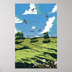 Japanische Vintage Landschaft nachts Poster
