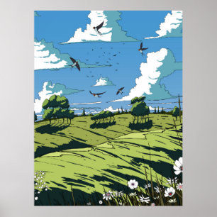 Japanische Vintage Landschaft nachts Poster