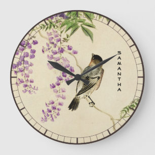 Japanische Vintage-Lilac-Spatzen-Wanduhr Große Wanduhr