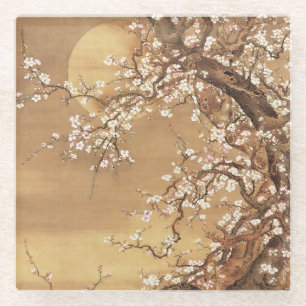 Japanische Vintage Pflaumenblüten im Mondlicht Glasuntersetzer