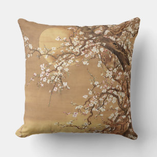 Japanische Vintage Pflaumenblüten im Mondlicht Kissen