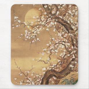 Japanische Vintage Pflaumenblüten im Mondlicht Mousepad