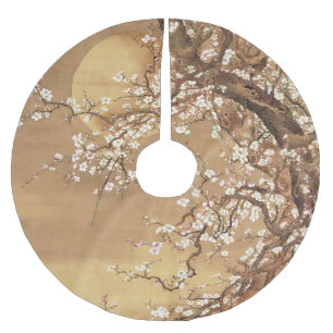 Japanische Vintage Pflaumenblüten im Mondlicht Polyester Weihnachtsbaumdecke