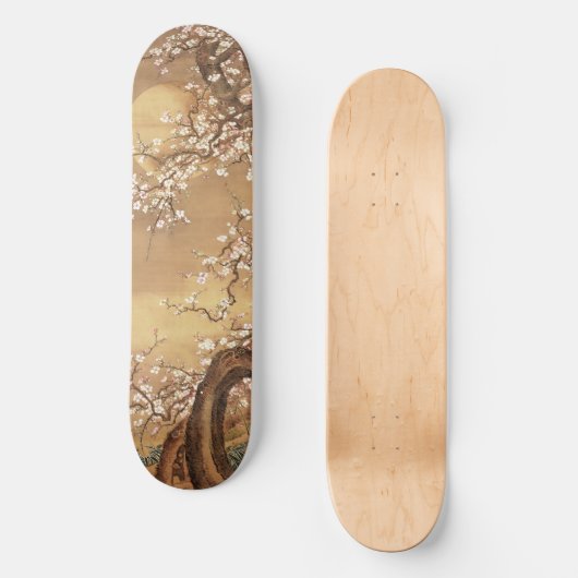Japanische Vintage Pflaumenblüten im Mondlicht Skateboard (Vorderseite)