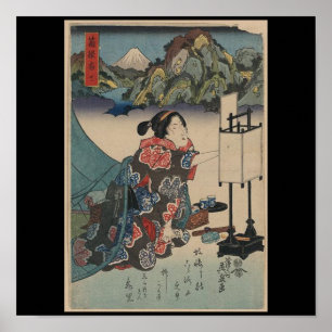 Japanische Vintage-Ukiyo-e-Dame Bergszene Poster