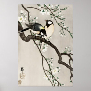 Japanische Vögel Kirschblüten Kunst Druck Vintage Poster